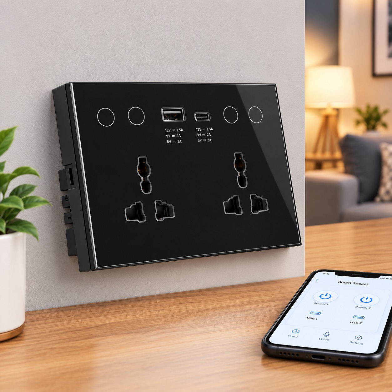Tuya Smart Dual Universal Socket with USB-A & USB-C Ports black