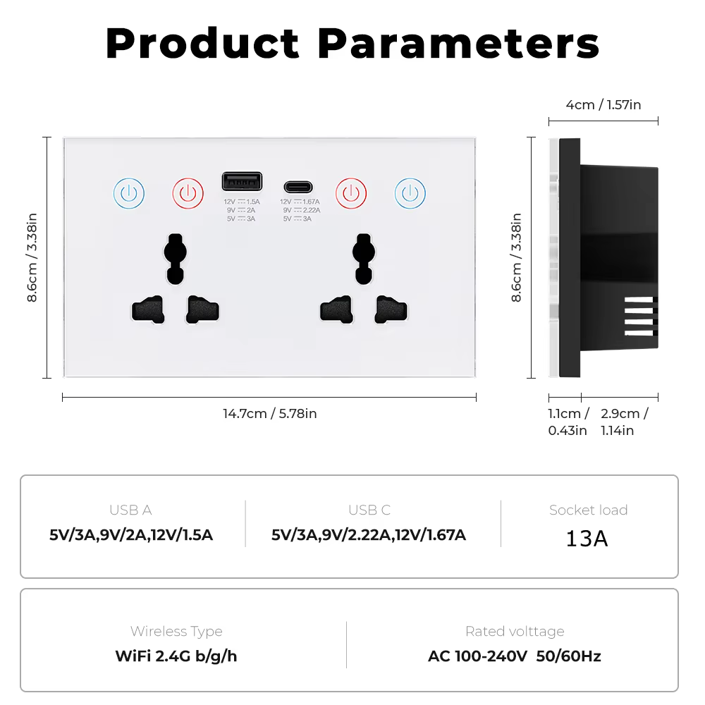 Tuya Smart Dual Universal Socket with USB-A & USB-C Ports parameters