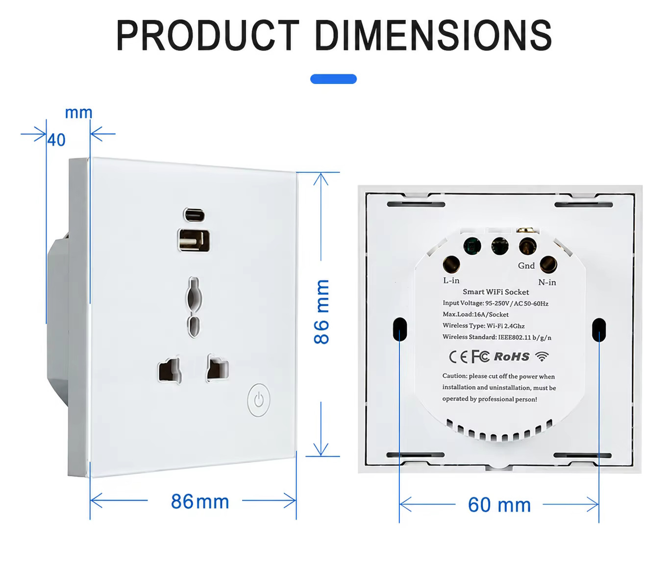 Tuya Smart Life Universal WiFi Wall Socket with USB dimensions