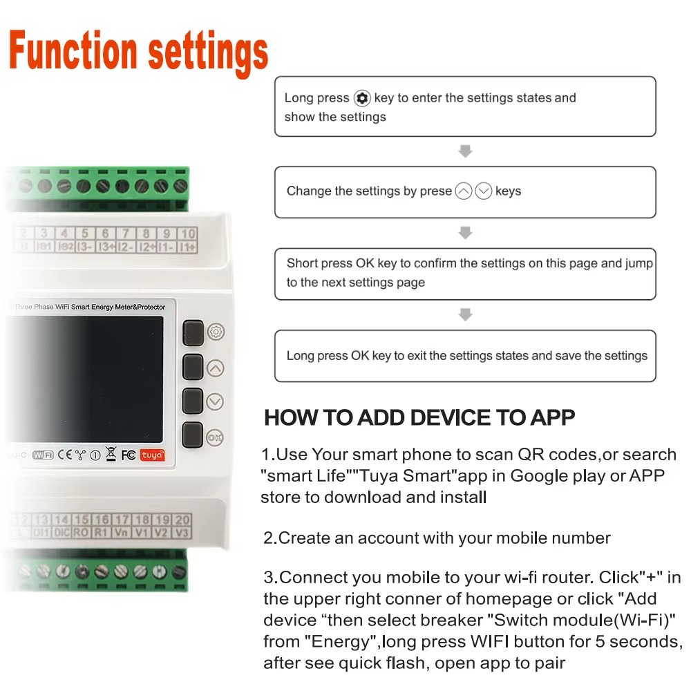 Tuya 3 Phase Bidirectional WiFi Smart Energy Meter with 200A CT setup